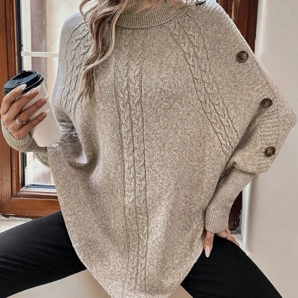 Khaki Casual Women's Turtleneck Batwing Sleeve Button Detail Poncho Sweater top